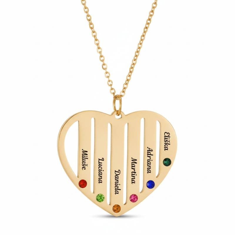 Náhrdelník s přívěskem ve tvaru srdce se šesti jmény