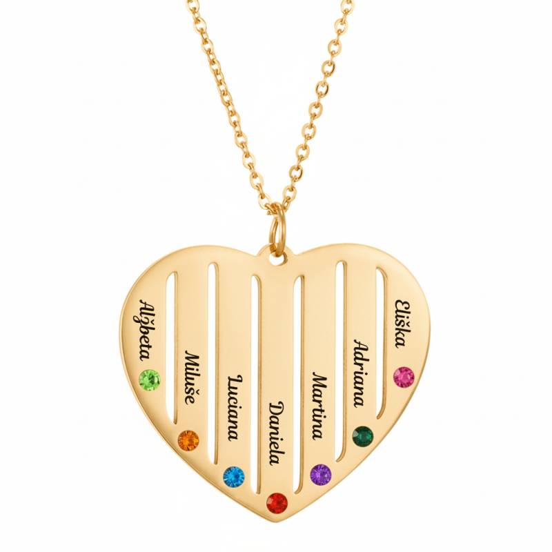 Náhrdelník s přívěskem ve tvaru srdce se sedmi jmény